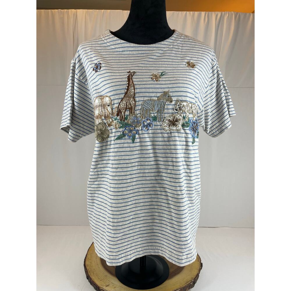 Victoria Jones Vintage 90s Safari Animal Embroidered Striped Tee Shirt Blue L